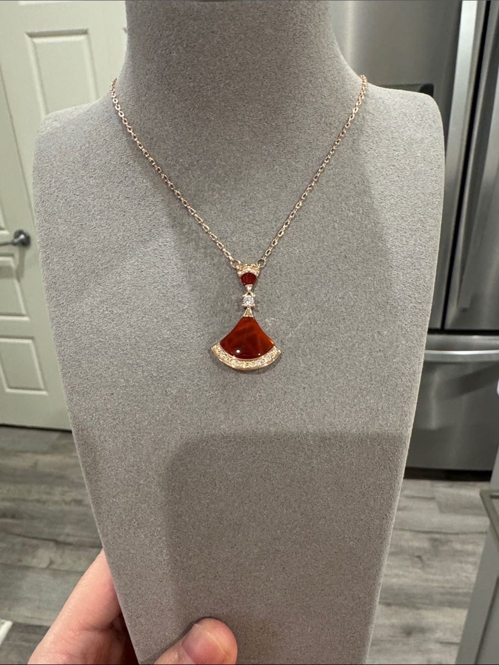 Red Carnelian Fan Pendant CZ Necklace Champagne Gold Tone